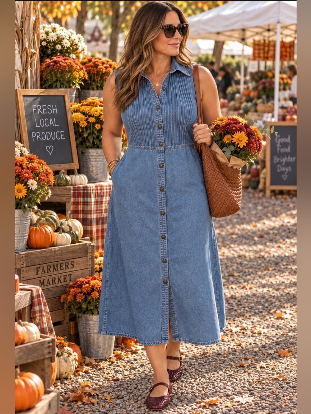 Cherokee Women's Size XL Denim Pintucked Midi Dress 100% Cotton Modest Cottageco